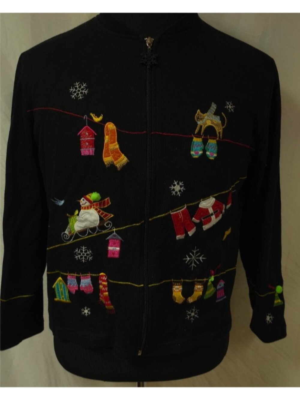 VTG Onque Casual Sz XS Black Skating Snowman Full Zip Christmas Motifs Cardigan